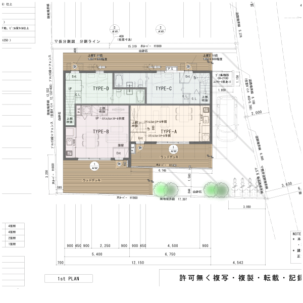 1階平面図｜西東京の集合住宅｜4世帯のためのメゾネット集合住宅