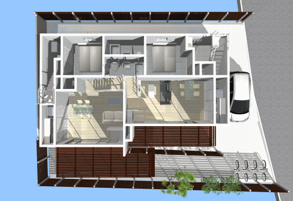 1階鳥瞰図｜西東京の集合住宅｜4世帯のためのメゾネット集合住宅