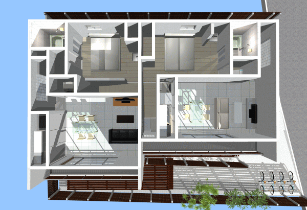 2階鳥瞰図｜西東京の集合住宅｜4世帯のためのメゾネット集合住宅